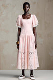 Pink Lace Square Neck A Line Ruffled Wedding Guest Dress