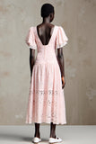 Pink Lace Square Neck A Line Ruffled Wedding Guest Dress