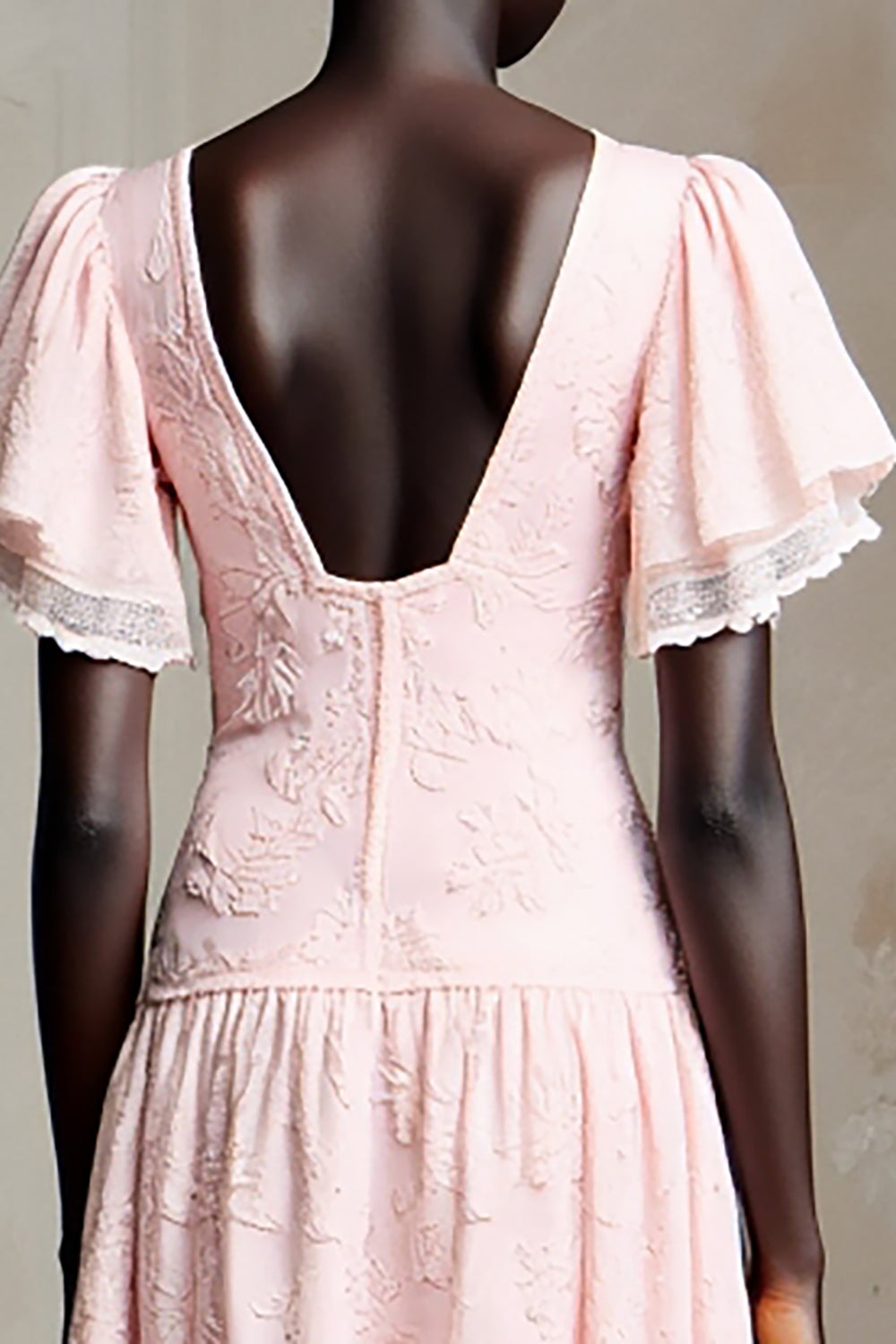 Pink Lace Square Neck A Line Ruffled Wedding Guest Dress