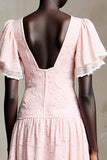Pink Lace Square Neck A Line Ruffled Wedding Guest Dress
