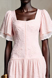 Pink Lace Square Neck A Line Ruffled Wedding Guest Dress