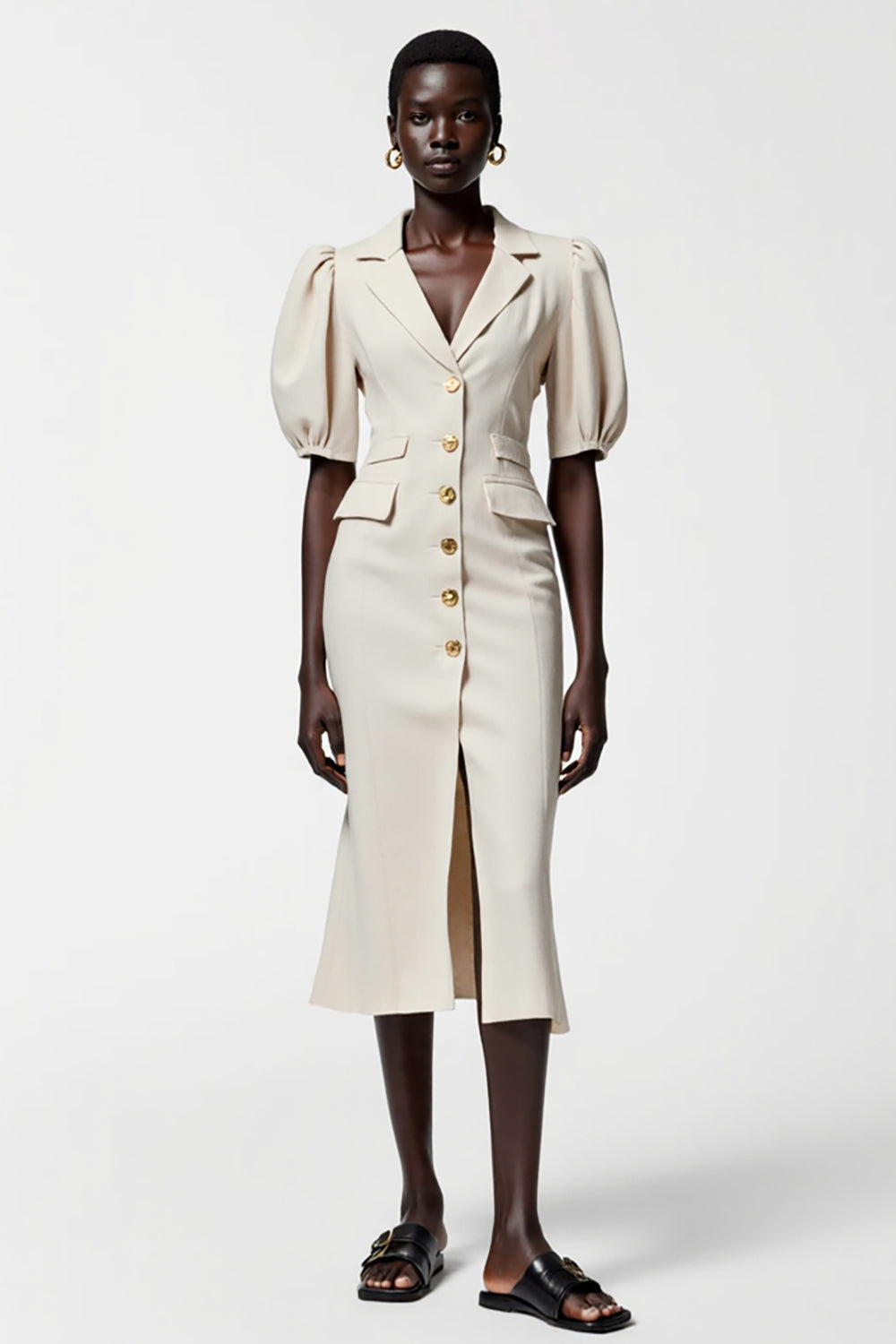 Ivory Sheath Notched Lapel Single-Breasted Wedding Guest Dress