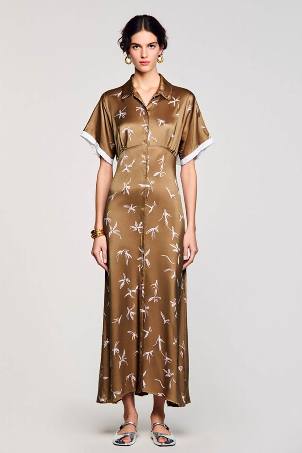 Coffee Satin Polo Collar Printed Wedding Guest Dress