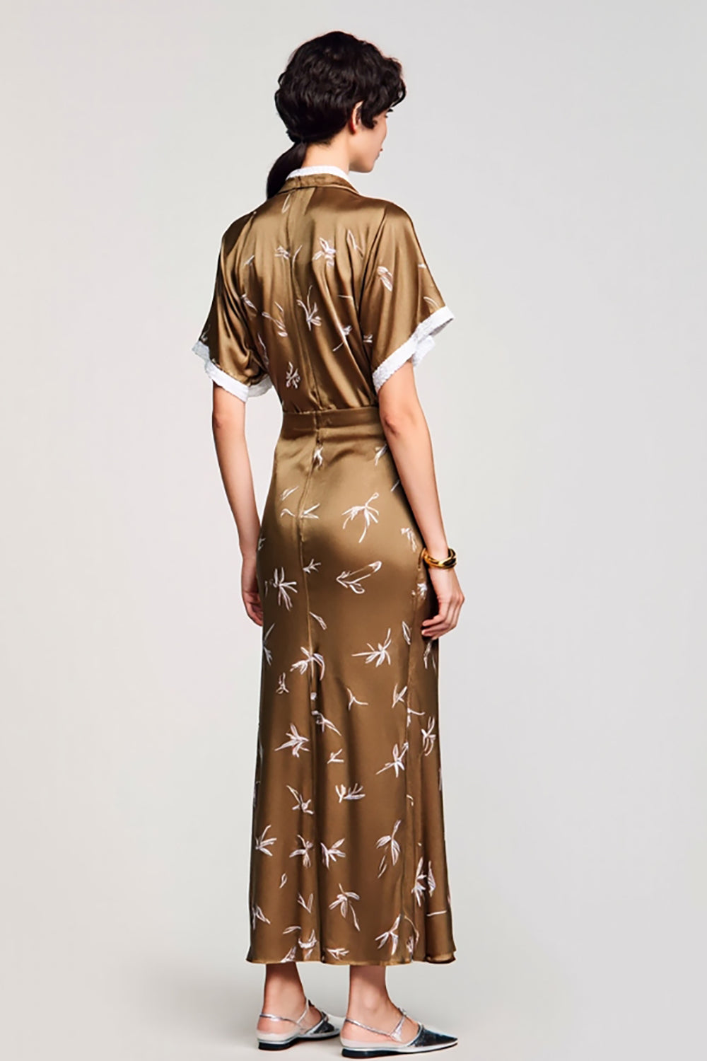 Coffee Satin Polo Collar Printed Wedding Guest Dress