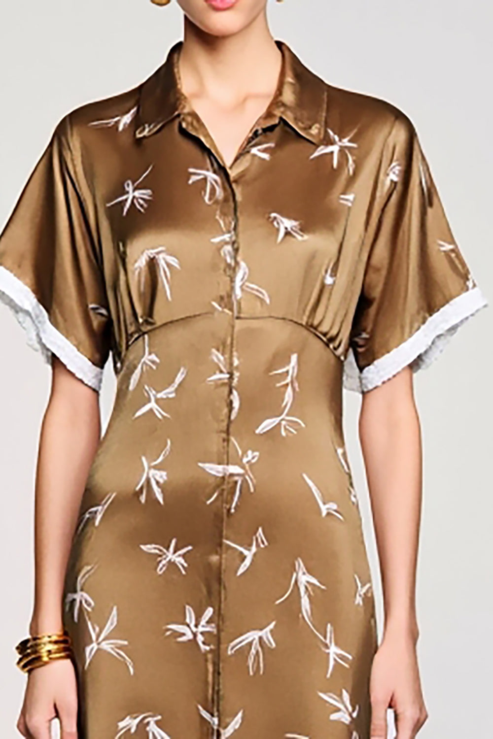 Coffee Satin Polo Collar Printed Wedding Guest Dress