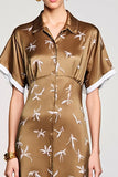 Coffee Satin Polo Collar Printed Wedding Guest Dress