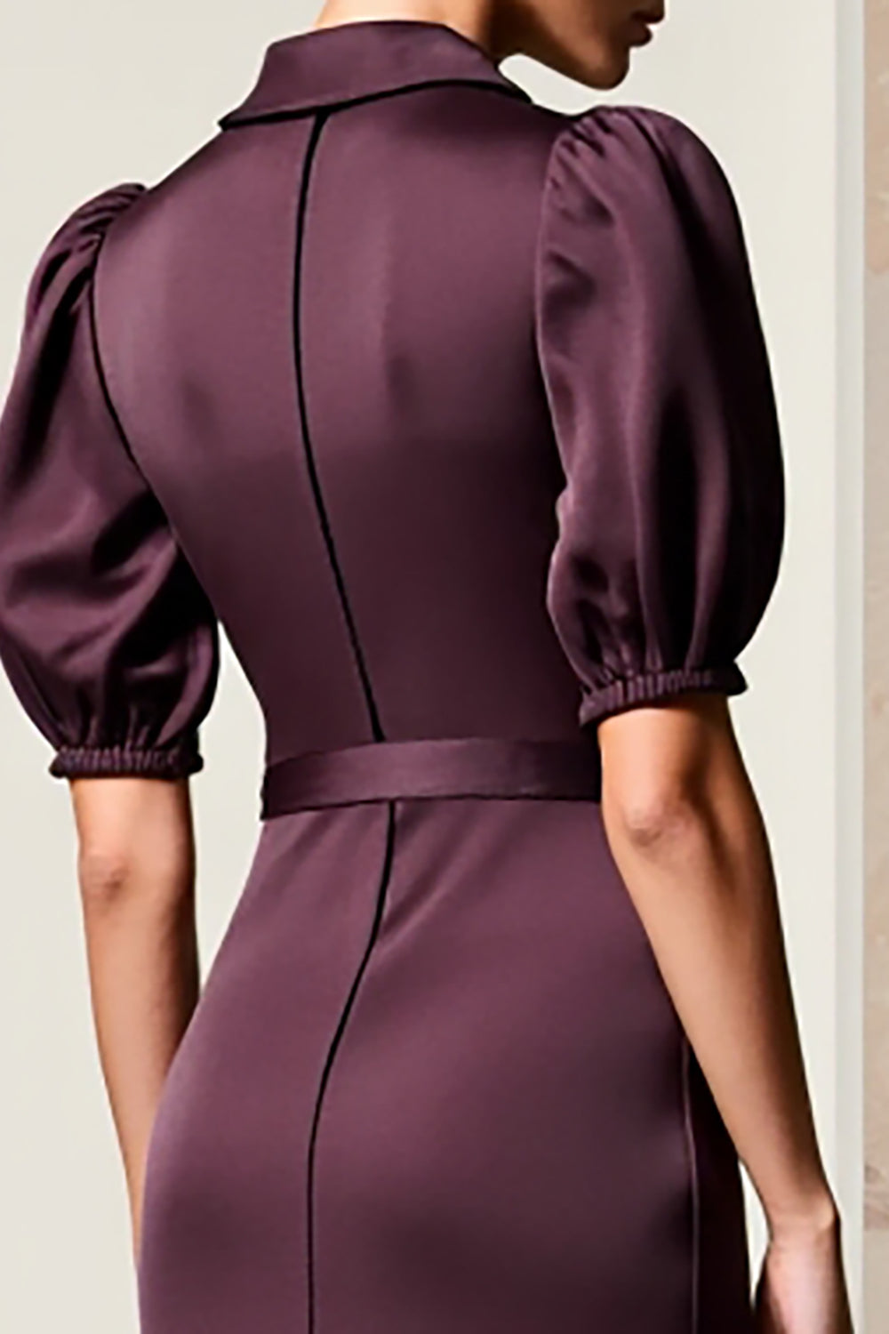 Dark Red Sheath Satin Puff Sleeve Wedding Guest Dress