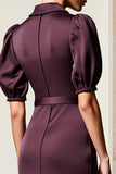 Dark Red Sheath Satin Puff Sleeve Wedding Guest Dress