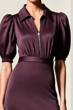 Dark Red Sheath Satin Puff Sleeve Wedding Guest Dress