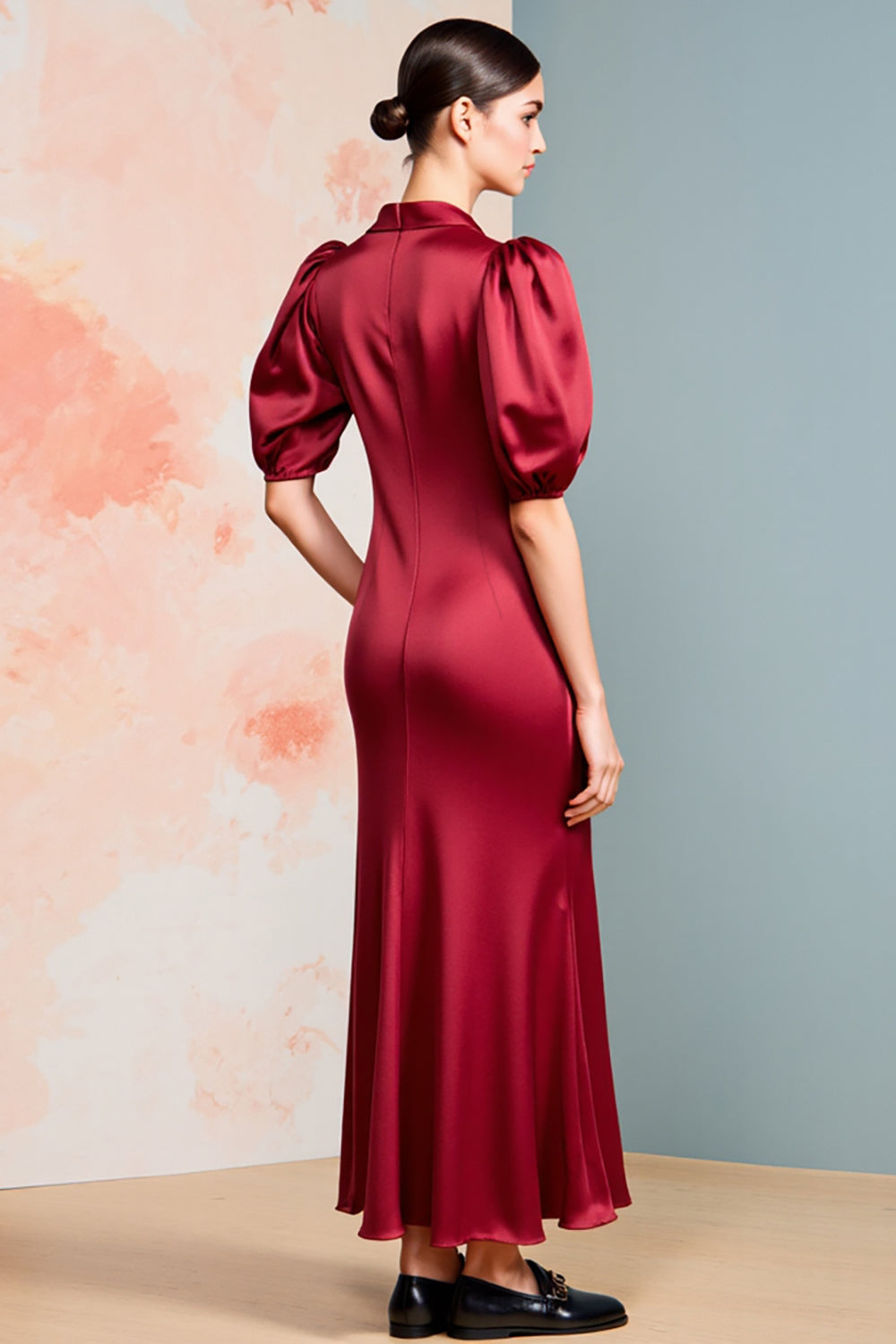 Red Shawl Lapel Satin Wedding Guest Dress