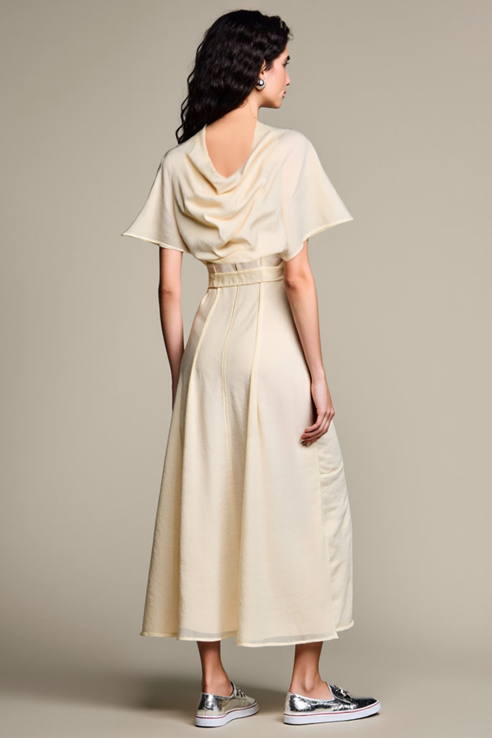 Ivory Cowl Neck A Line Wedding Guest Dress