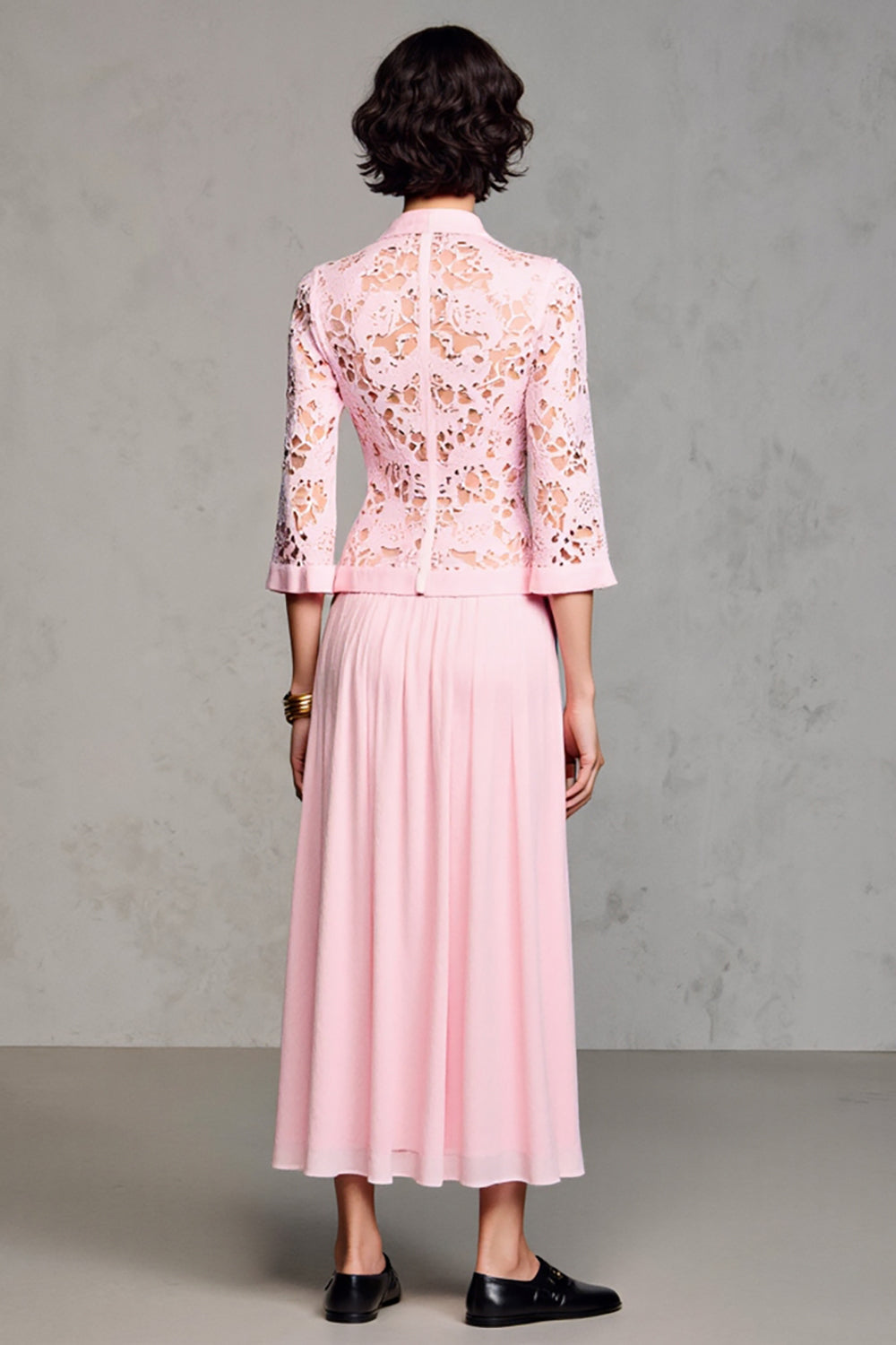 Pink A Line Long Sleeve Lace Wedding Guest Dress