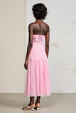 Strapless Pink Lace A Line Wedding Guest Dress