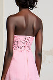 Strapless Pink Lace A Line Wedding Guest Dress