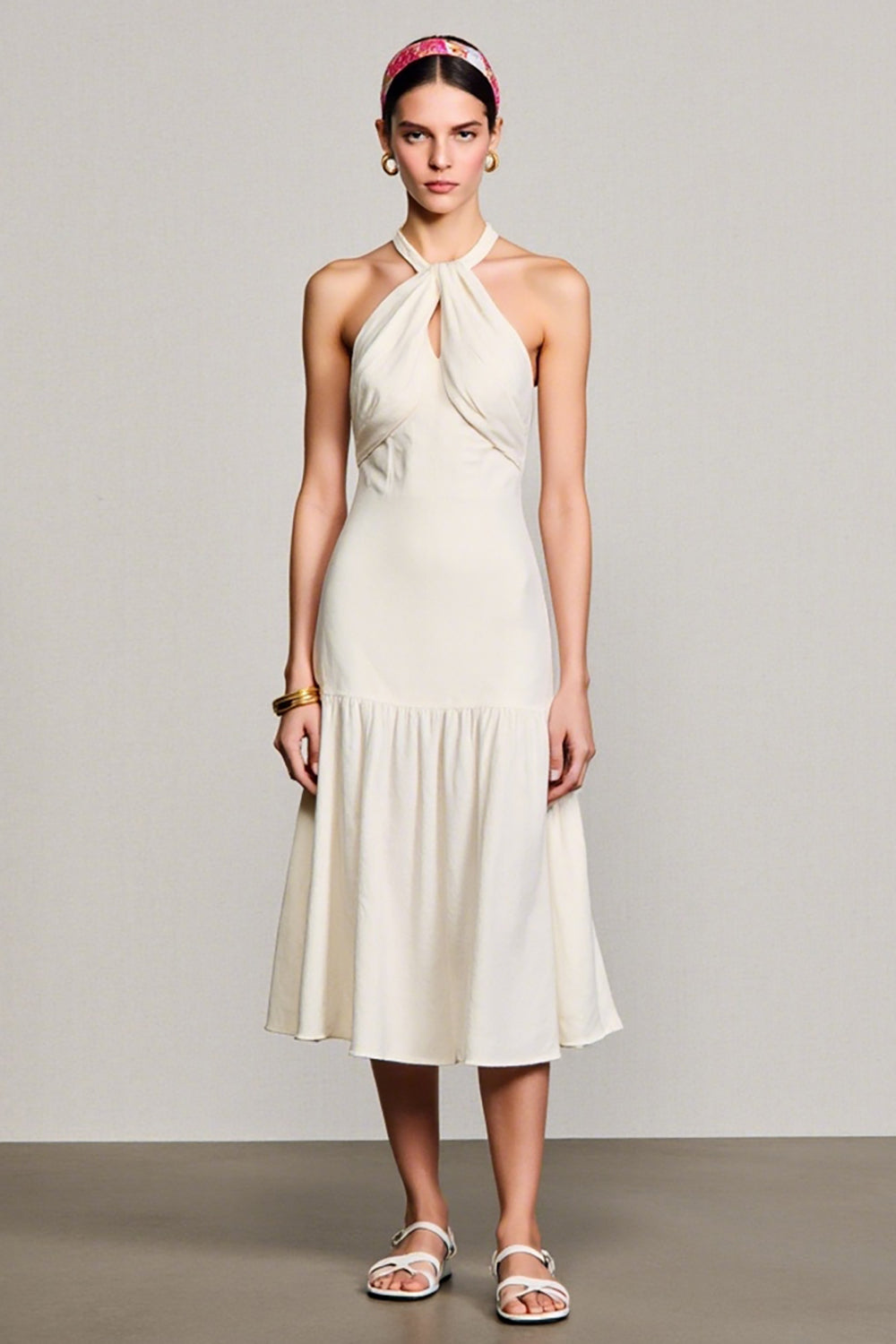 Halter Ivory A Line Midi Wedding Guest Dress