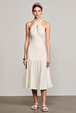 Halter Ivory A Line Midi Wedding Guest Dress