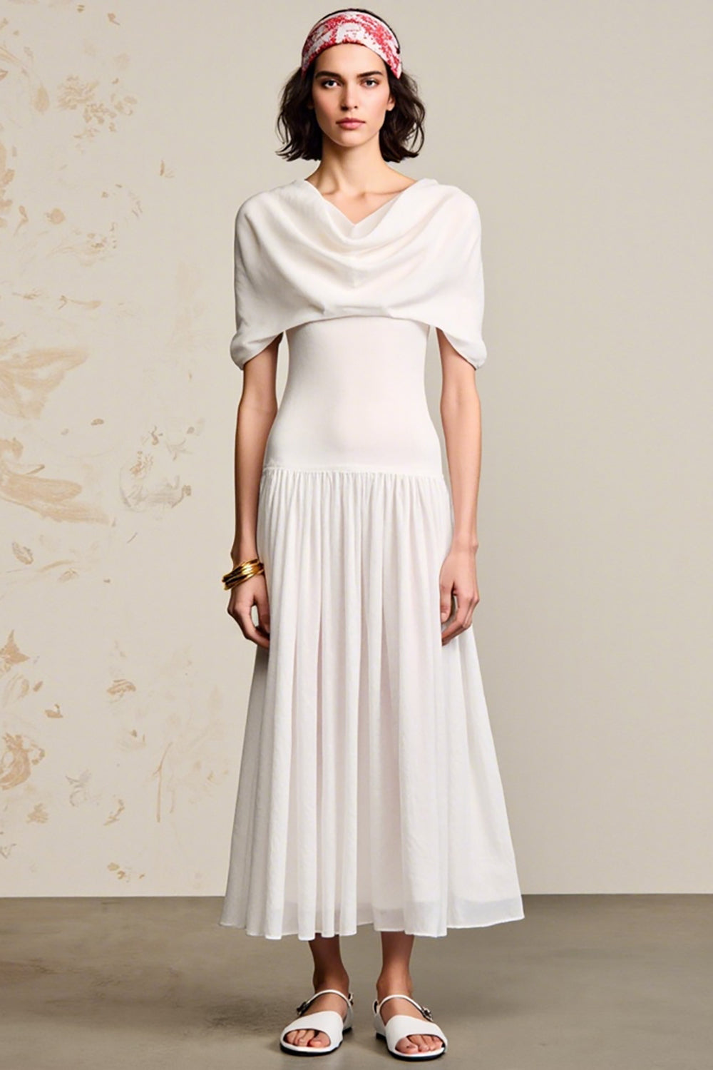 Ivory A Line Cowl Neck Wedding Guest Dress