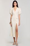 Apricot Sheath V-Neck Wedding Guest Dress with Slit