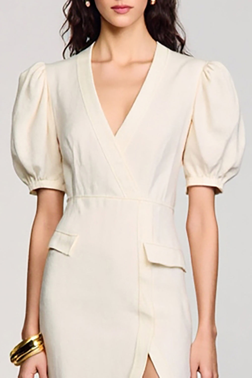 Apricot Sheath V-Neck Wedding Guest Dress with Slit