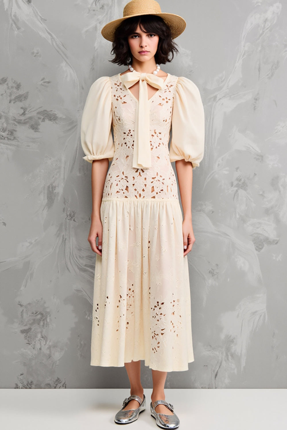 Lace Apricot A Line Midi Wedding Guest Dress