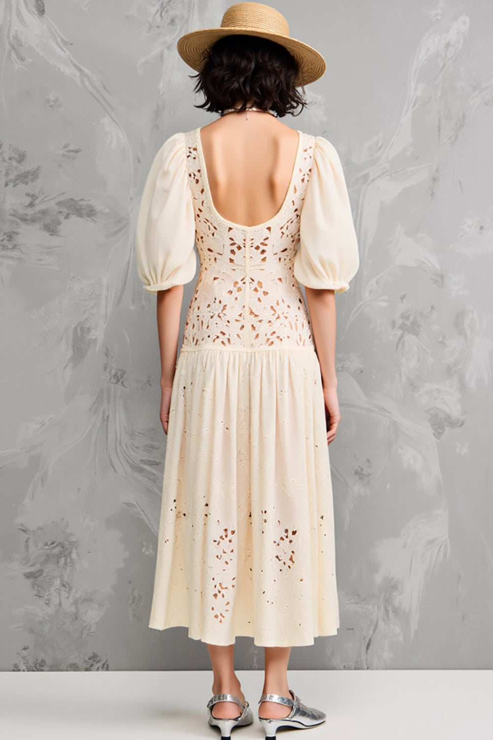 Lace Apricot A Line Midi Wedding Guest Dress