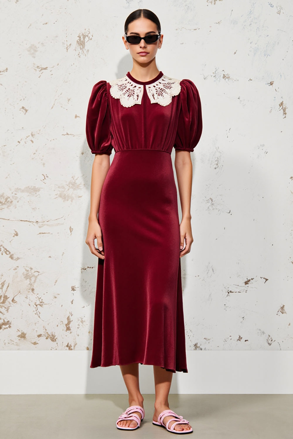 Velvet Dark Red A Line Wedding Guest Dress