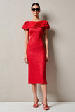 Red Sheath Cowl Neck Midi Wedding Guest Dress