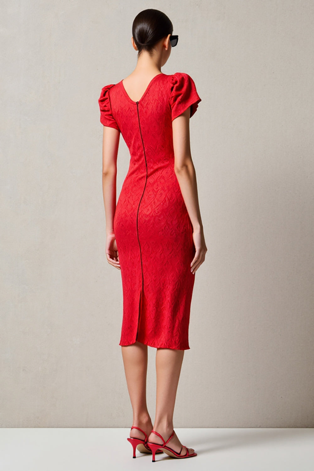 Red Sheath Cowl Neck Midi Wedding Guest Dress