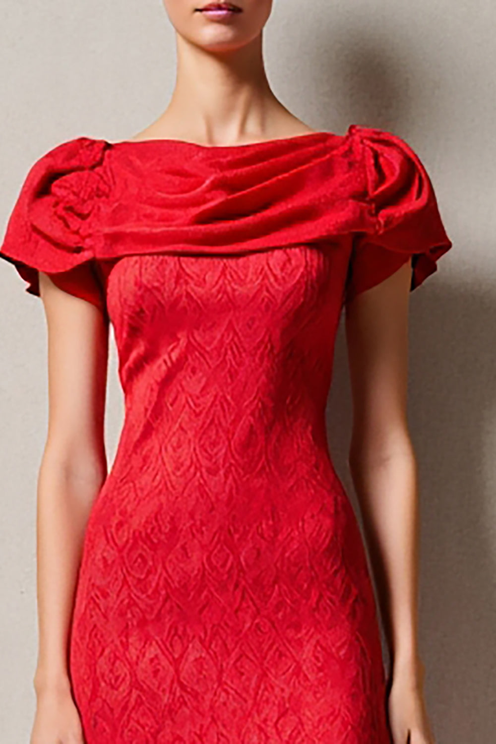 Red Sheath Cowl Neck Midi Wedding Guest Dress