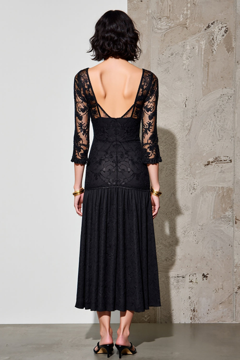 Black Sheath Midi Wedding Guest Dress with Lace
