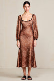Print Coffee Long Sleeve Satin Wedding Guest Dress