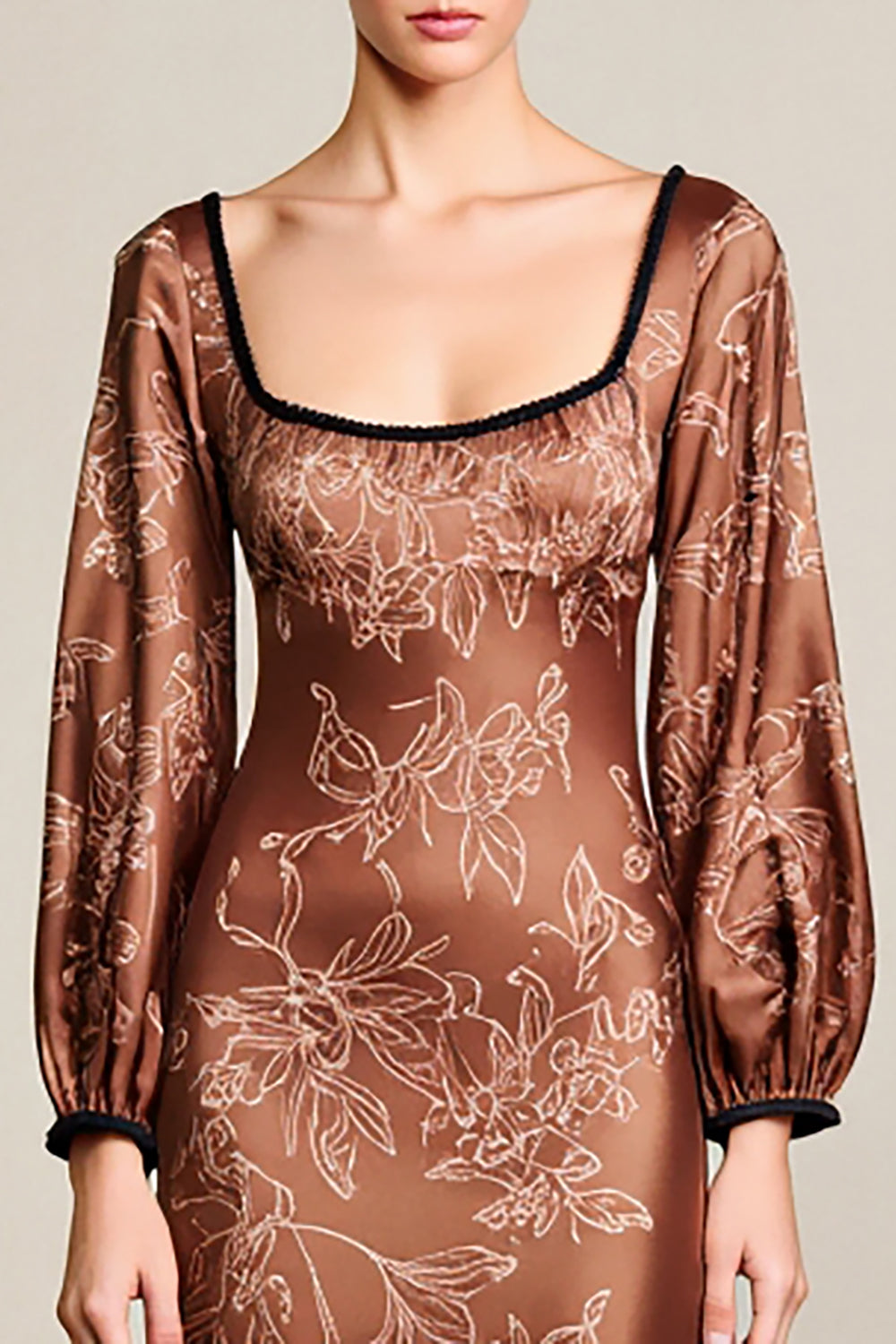 Print Coffee Long Sleeve Satin Wedding Guest Dress