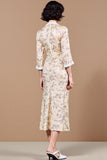Print Apricot Sheath Midi Wedding Guest Dress