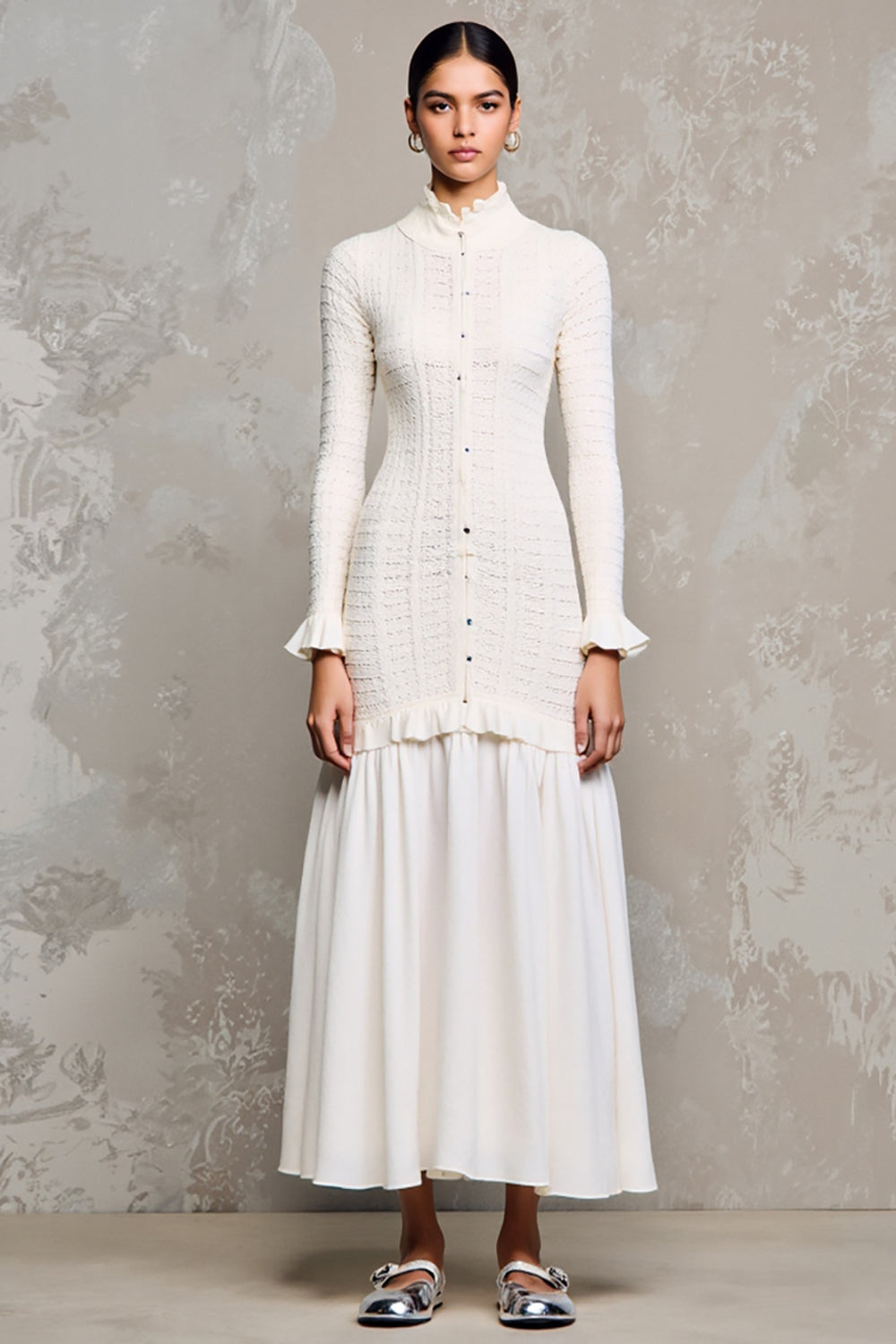 A Line Ruffled Ivory Long Sleeve Wedding Guest Dress