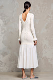 A Line Ruffled Ivory Long Sleeve Wedding Guest Dress