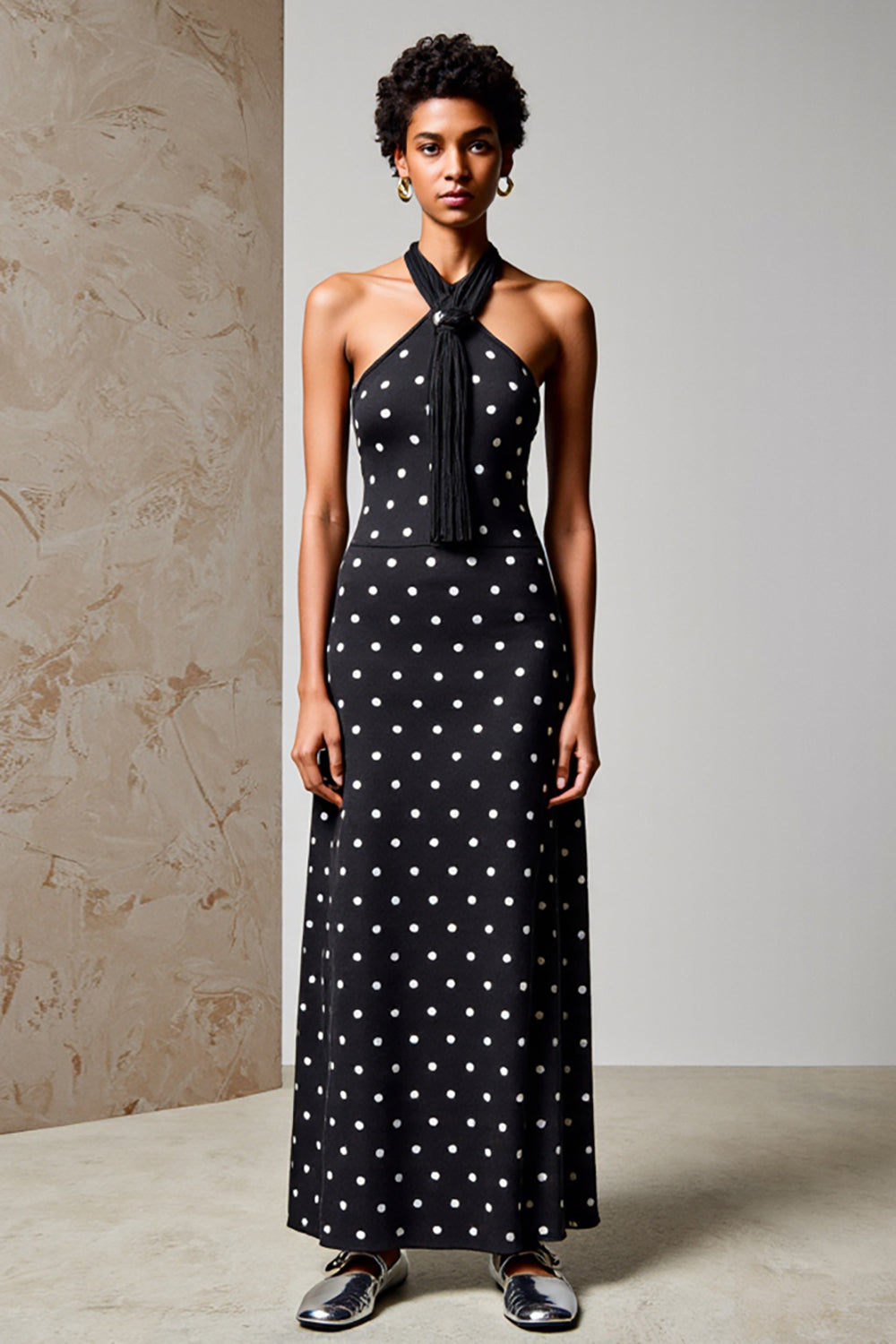 Halter Polka Dots Black Wedding Guest Dress