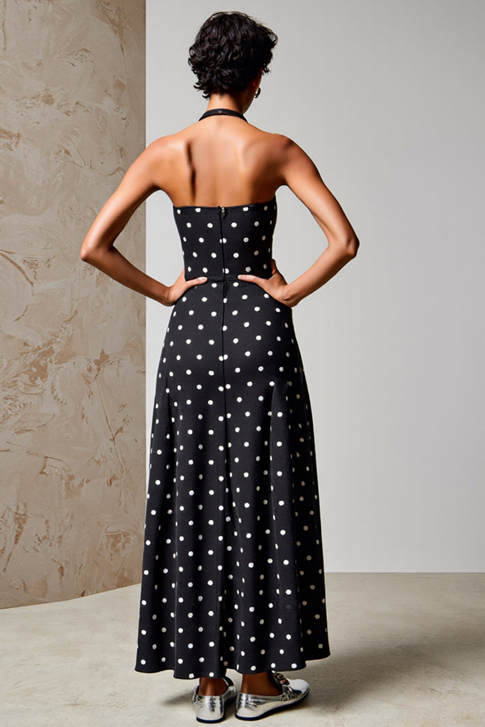 Halter Polka Dots Black Wedding Guest Dress