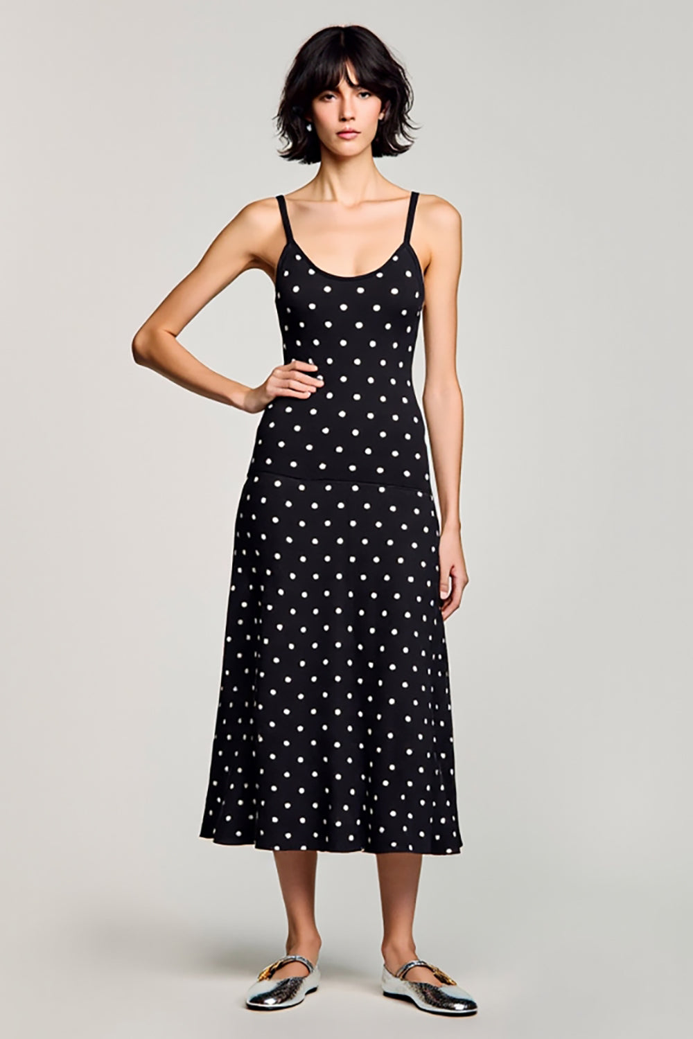 Black Polka Dots A Line Midi Wedding Guest Dress