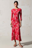 Red Print Sheath 3/4 Sleeve Wedding Guest Dress