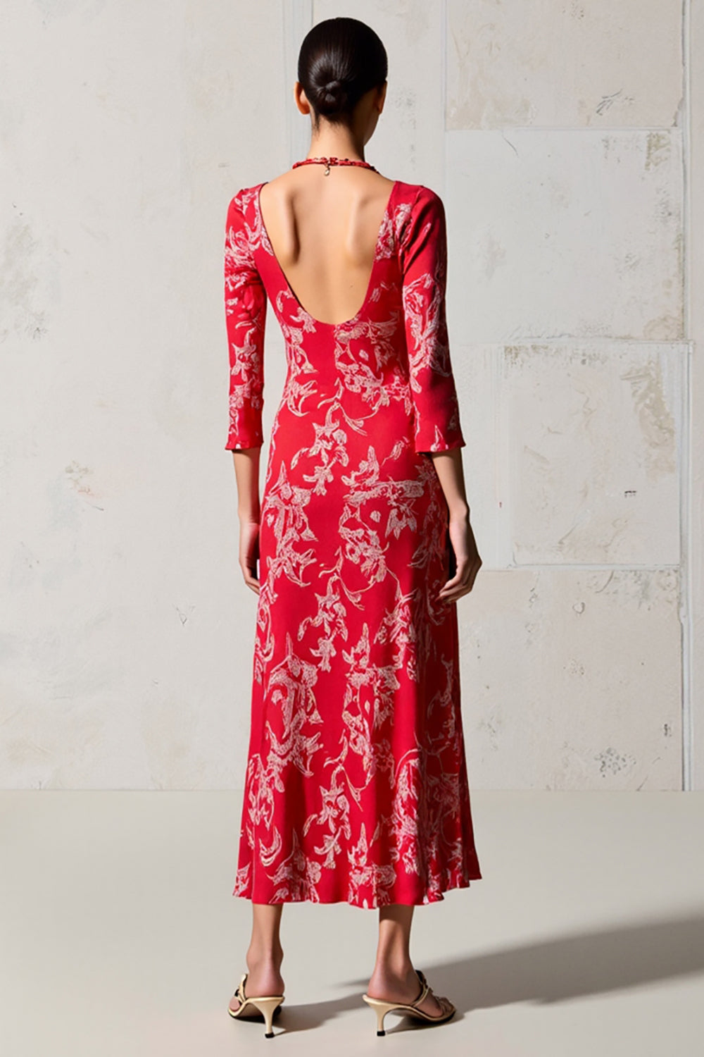 Red Print Sheath 3/4 Sleeve Wedding Guest Dress