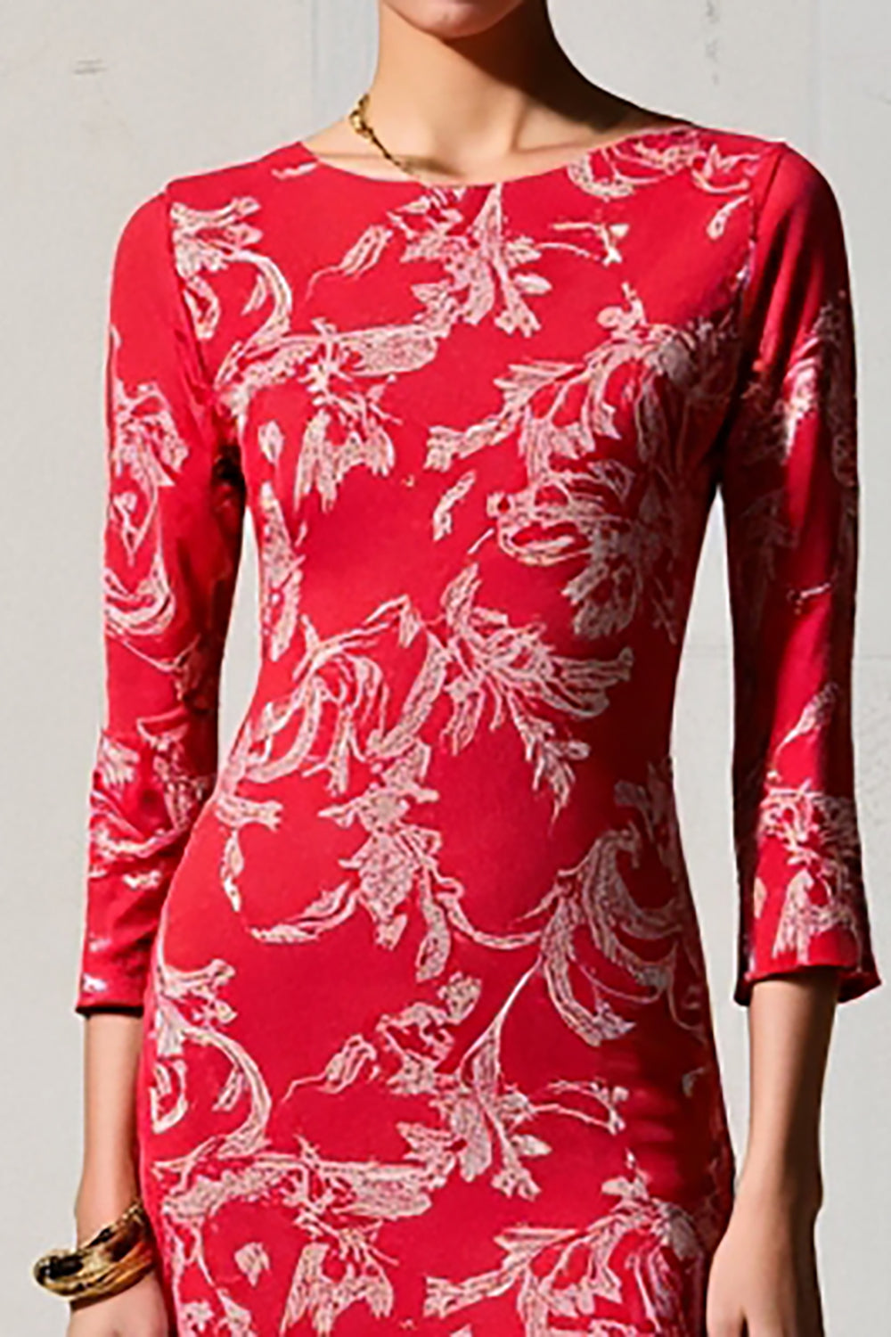 Red Print Sheath 3/4 Sleeve Wedding Guest Dress