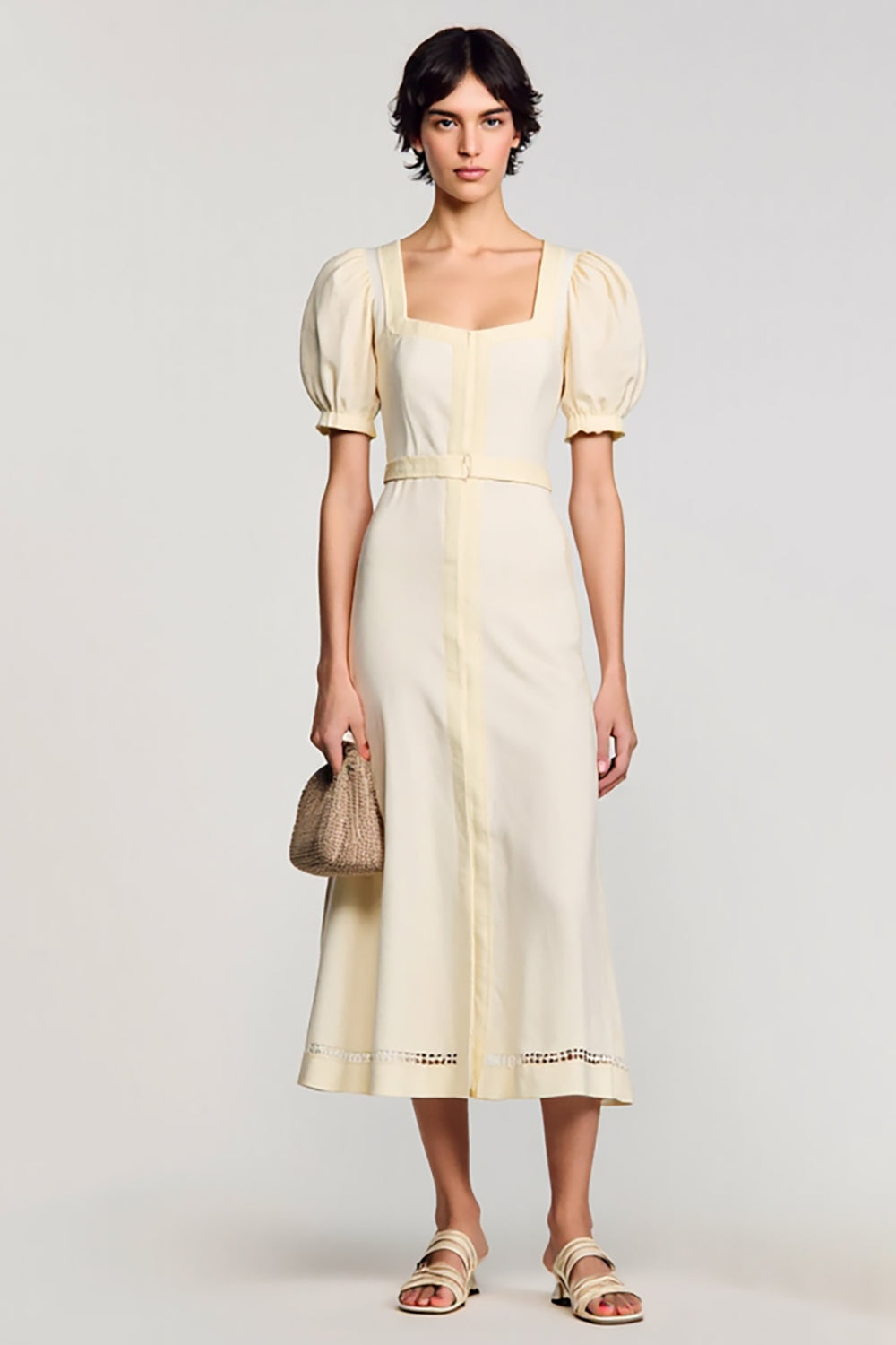 Apricot A Line Puff Sleeve Wedding Guest Dress