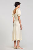Apricot A Line Puff Sleeve Wedding Guest Dress