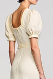 Apricot A Line Puff Sleeve Wedding Guest Dress