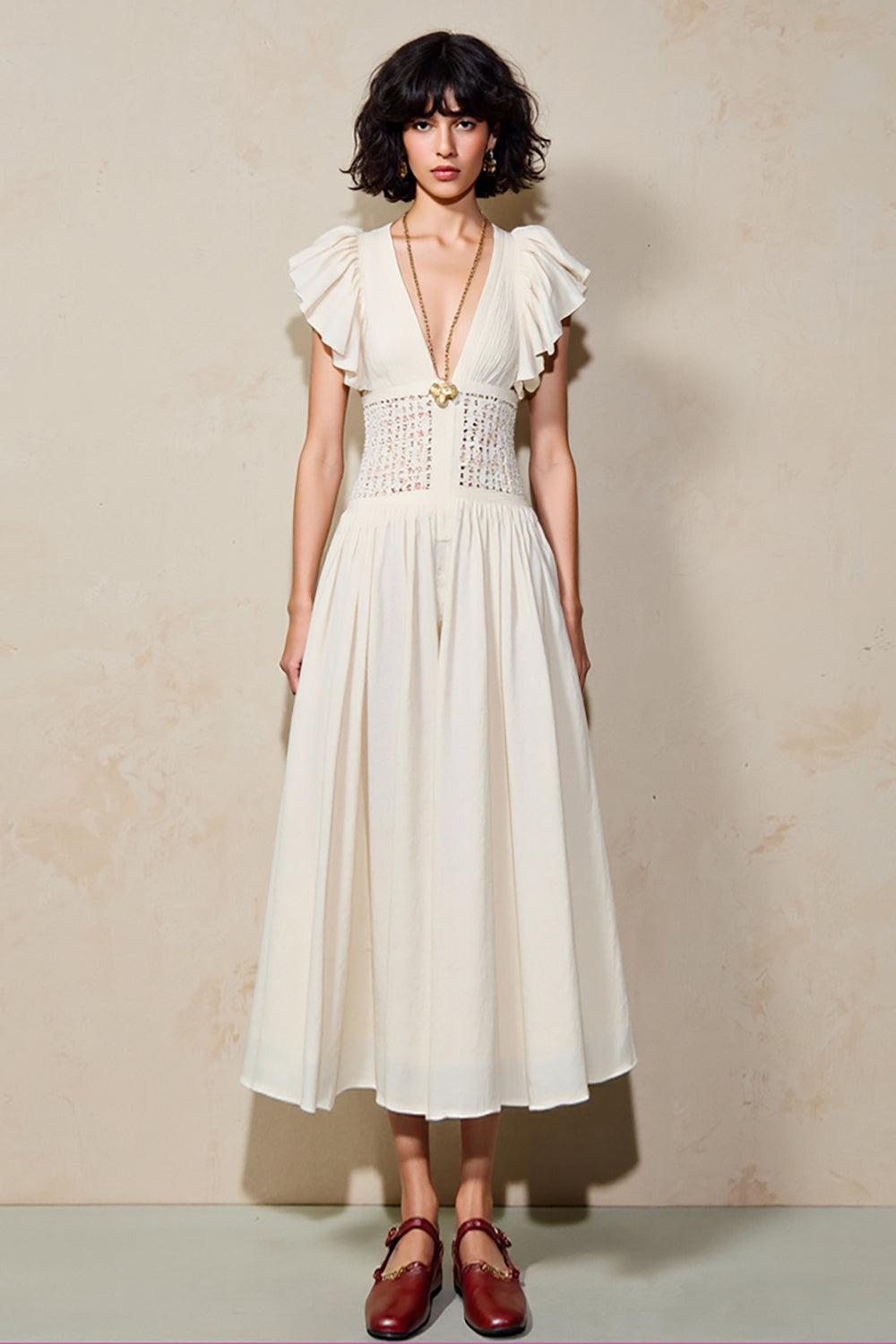 White V Neck Ruffled Sleeve A Line Wedding Guest Dress