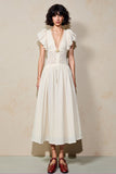 White V Neck Ruffled Sleeve A Line Wedding Guest Dress