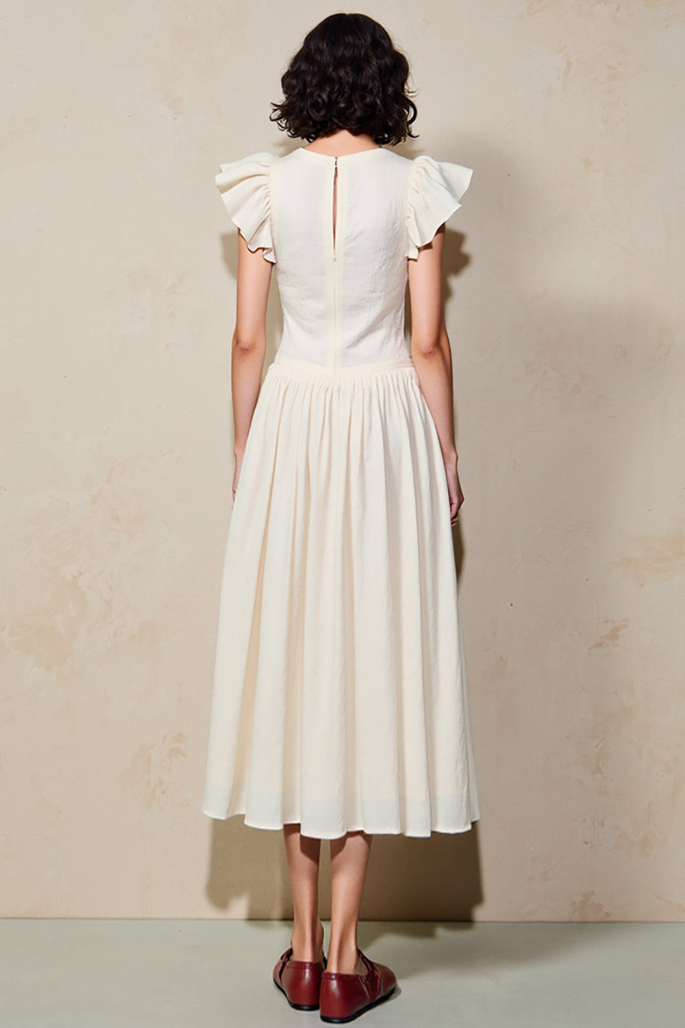 White V Neck Ruffled Sleeve A Line Wedding Guest Dress