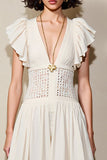 White V Neck Ruffled Sleeve A Line Wedding Guest Dress
