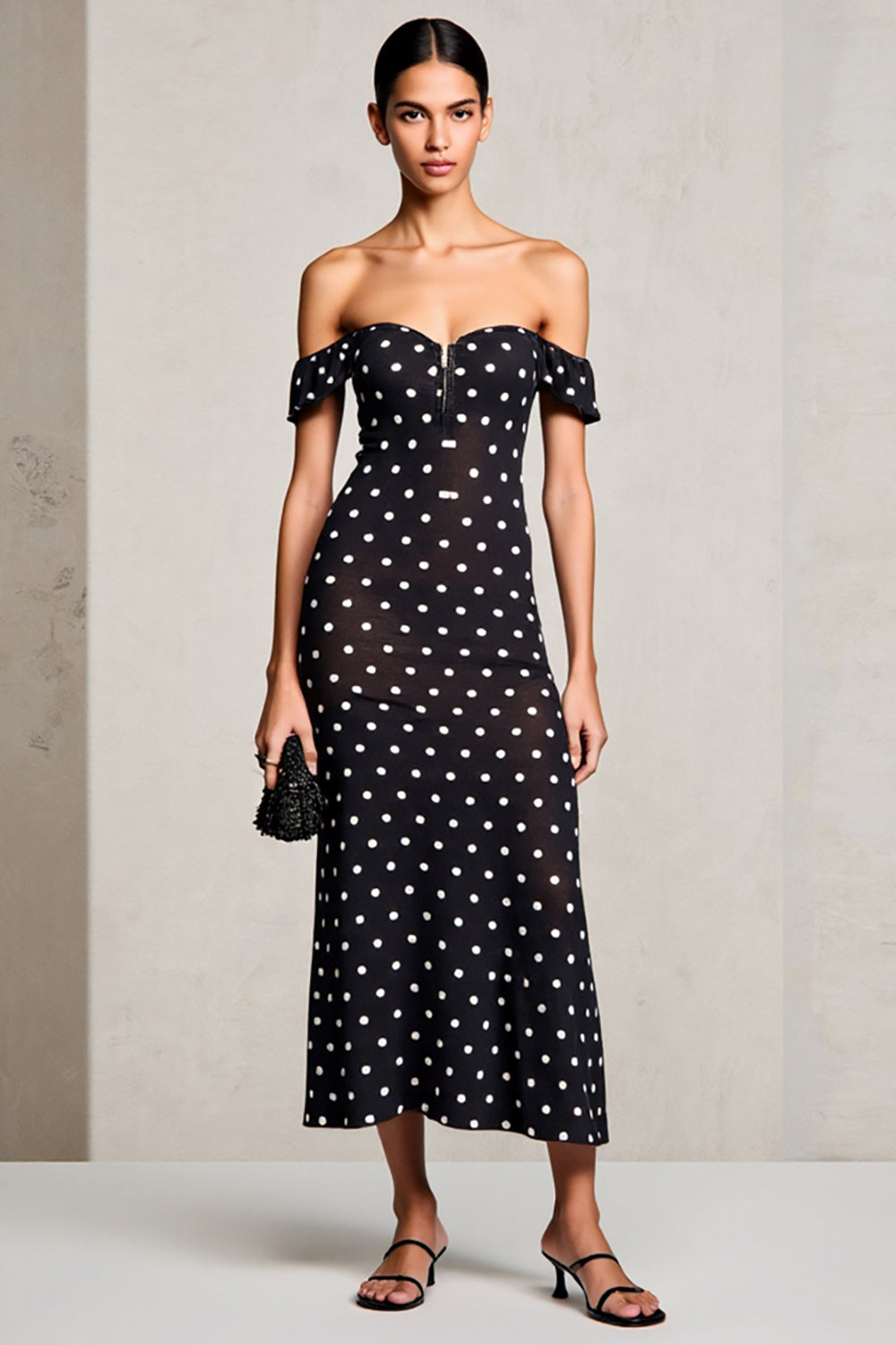 Black Sheath Off The Shoulder Polka Dots Wedding Guest Dress