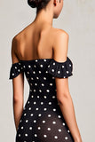 Black Sheath Off The Shoulder Polka Dots Wedding Guest Dress
